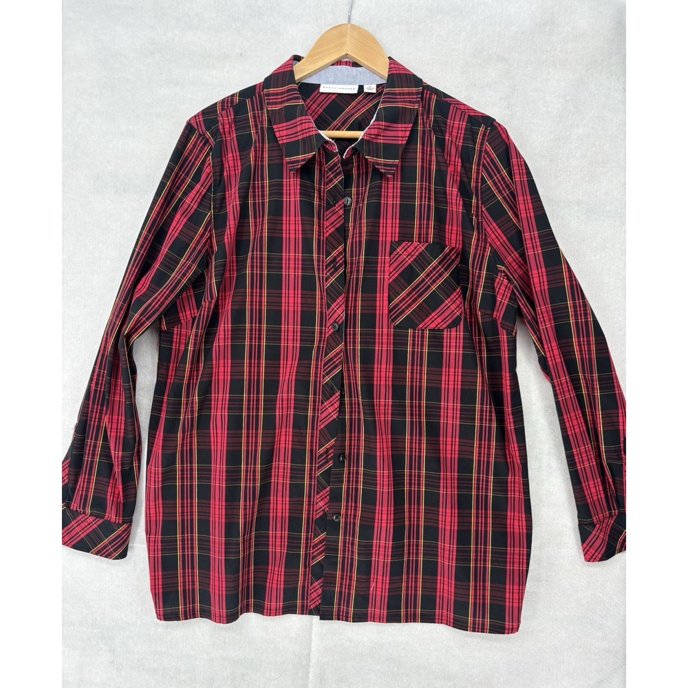 Susan Graver Button Up Plaid Shirt Womens 16 Red/Blk L/SL Blouse Career Casual